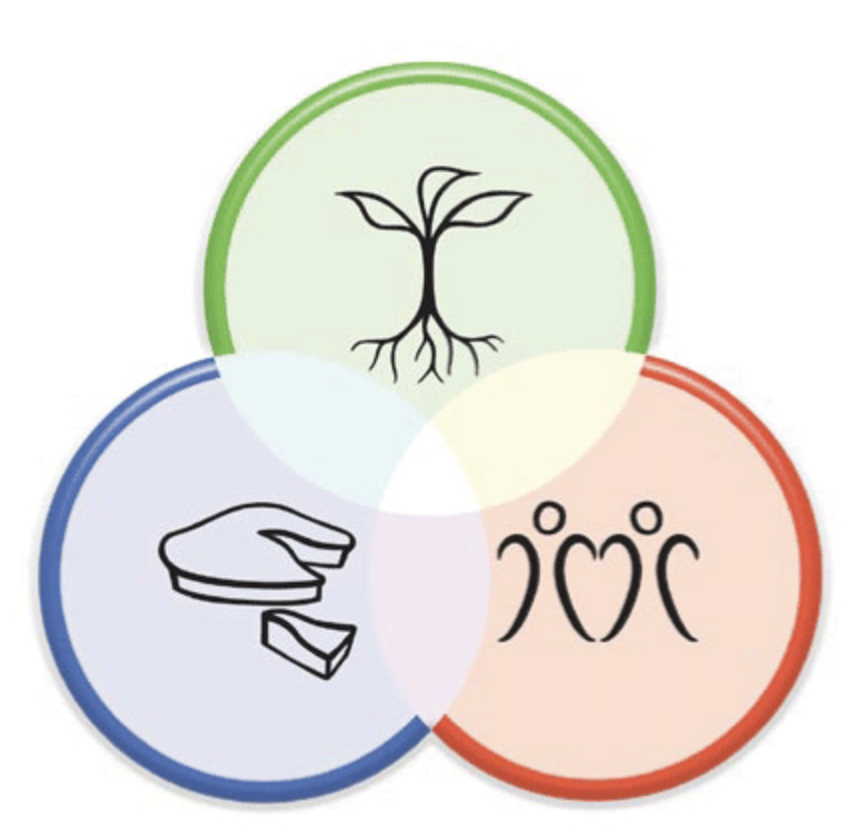 Permaculture Principles Three overlapping circles representing the permaculture principles of: Landcare, peoplecare and fairshare.